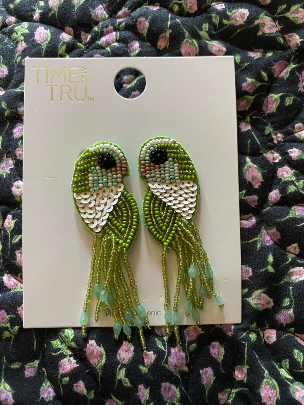 Time and Tru Green Beaded Parrot Fringe Earrings